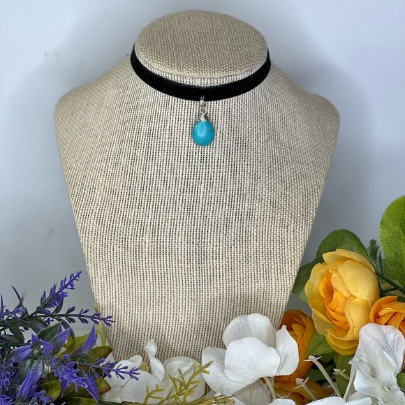 Choker necklace black velvet blue turquoise color necklace drop necklace tear - Picture 7 of 12